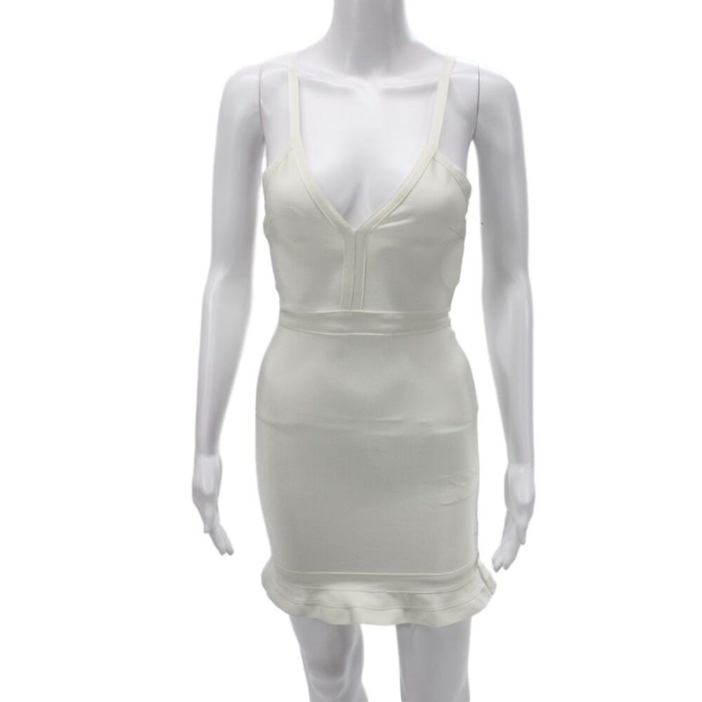 About Us Womens Bodycon Dress White Sleeveless V-Neck Zip Short Size 2XS